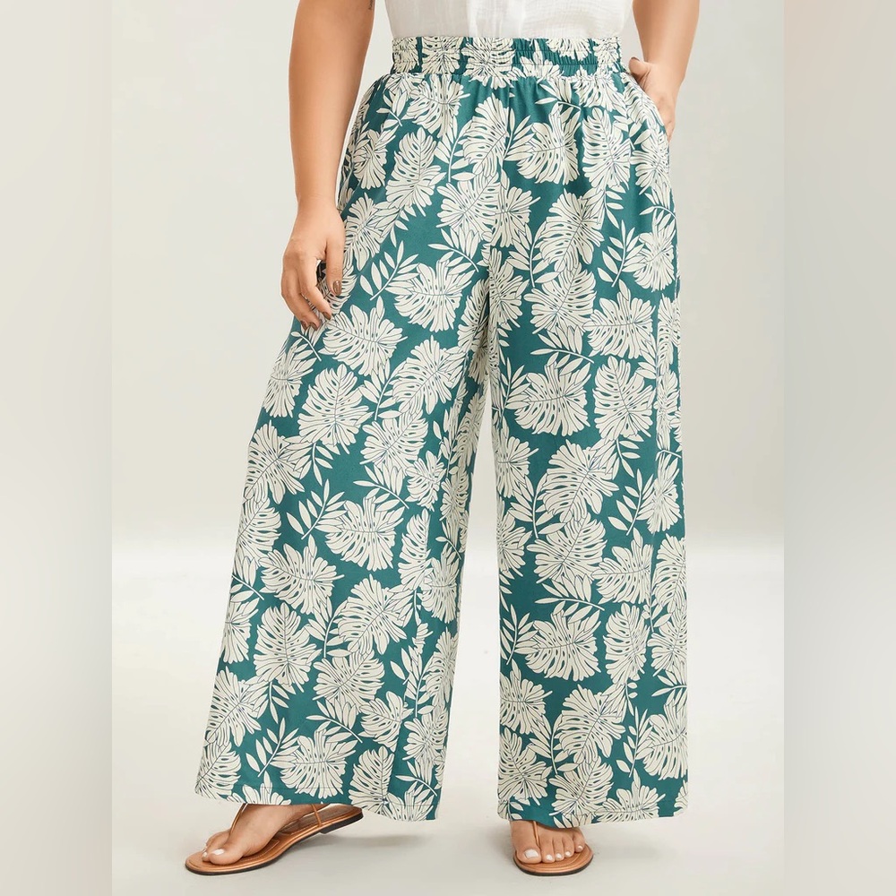 Bloomchic Tropical Leaf Pattern Shirred Wide-Leg … - image 2